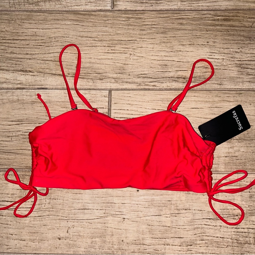 Sucrefas Women’s Red Ruched Bandeau Bikini Top Size Medium